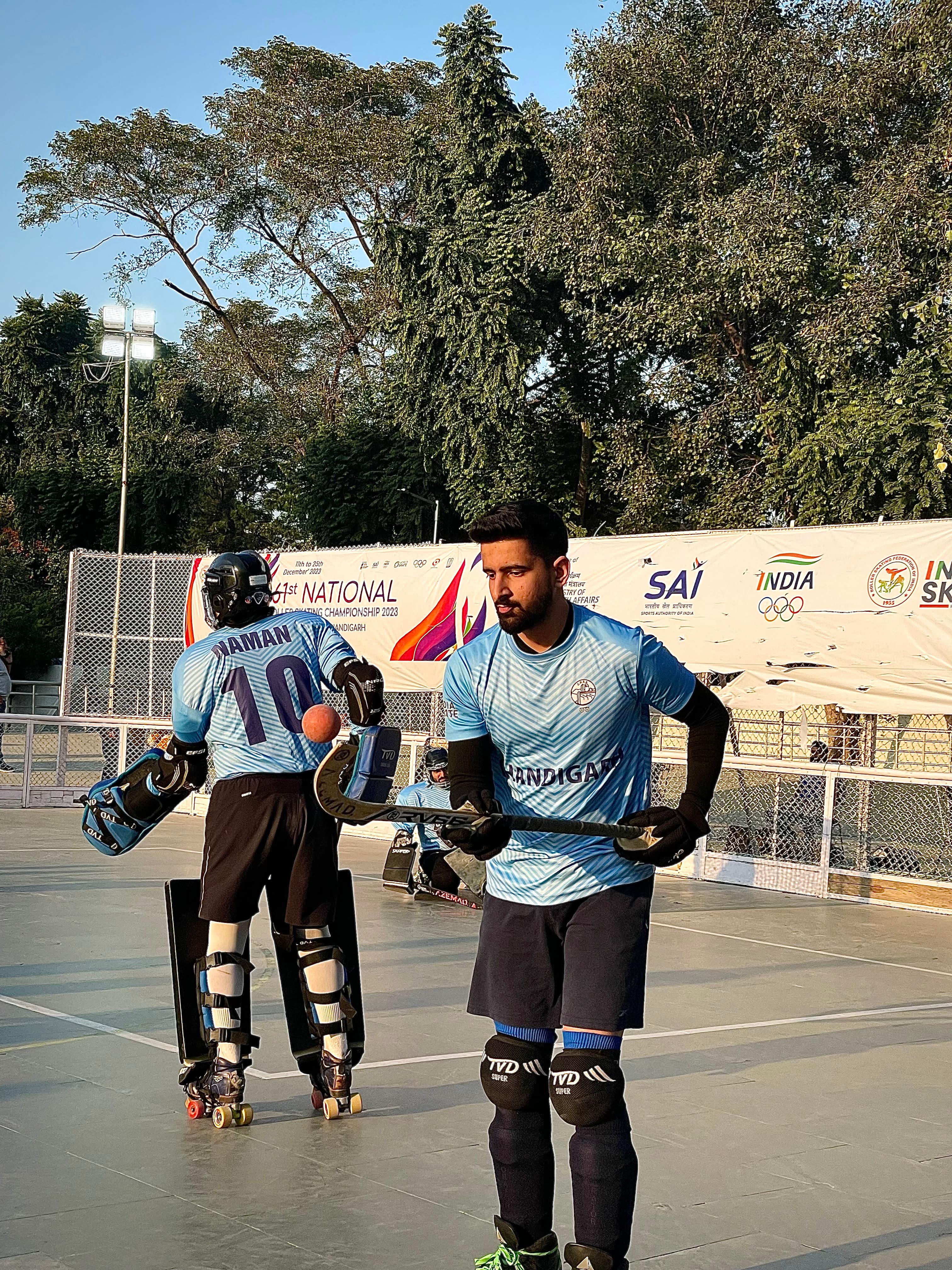 Parth in the Chandigarh jersey at the 61st National Roller Skating Championship, ball on his stick